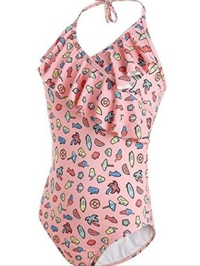 AS ROSE RICH GIRLS' PINK HALTER TIE RUFFLE ONE-PIECE SUMMER PRINT SWIMSUIT SZ 8
